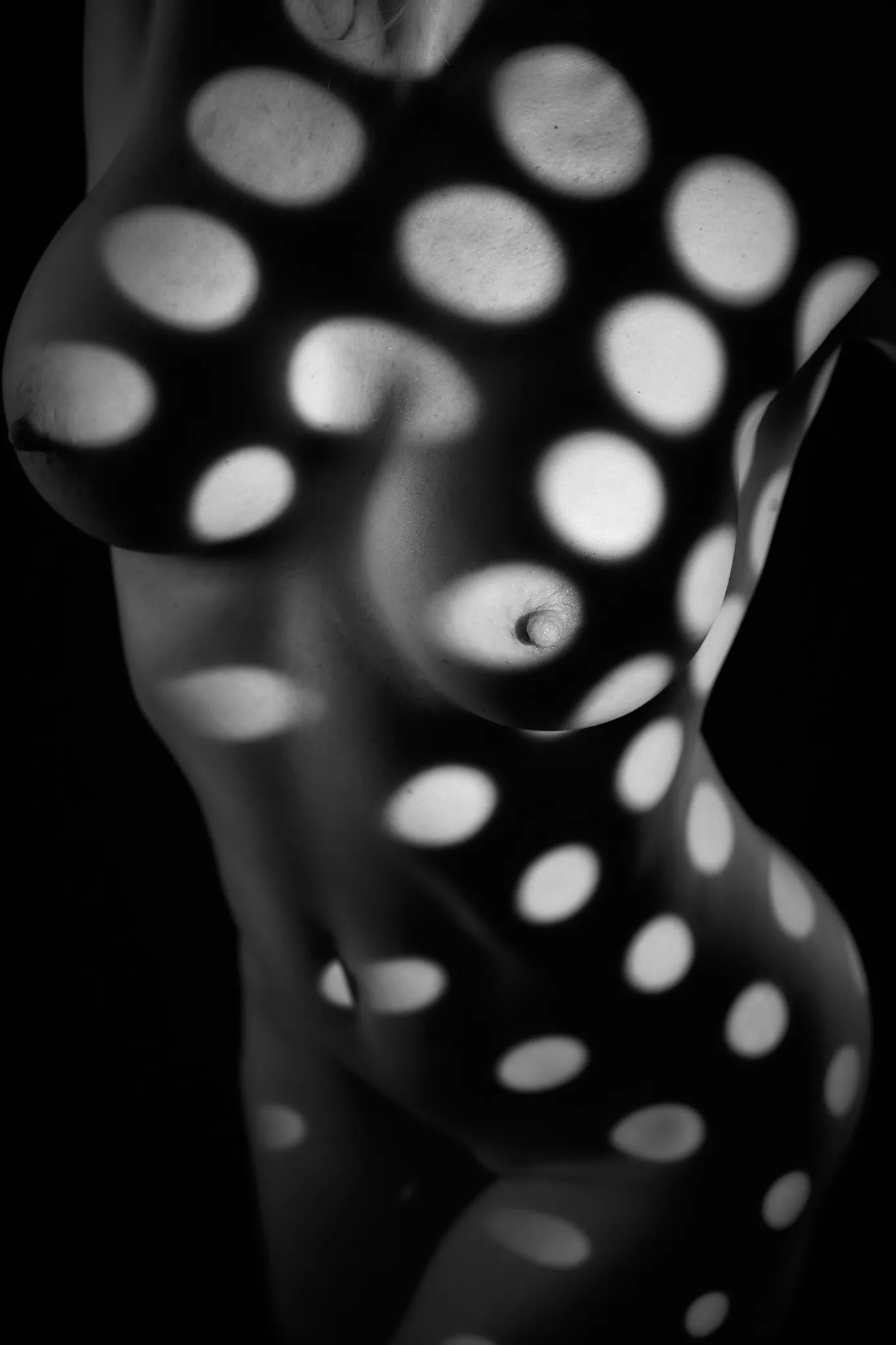 Black-and-white fine art nude by Pavol Hanuska highlighting strong contrast and patterned light across the female form.
